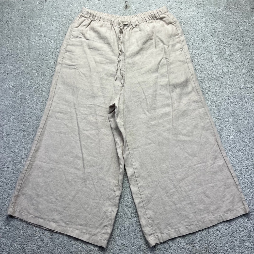 Muji Pants Womens Large Beige Wide Leg Elastic Waist 100% True Hemp Sustainable
